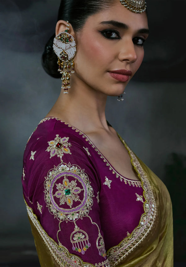 Olive Green Tissue Silk Organza Designer Saree showcasing stunning purple blouse sleeve embroidery details | BharatPlaza