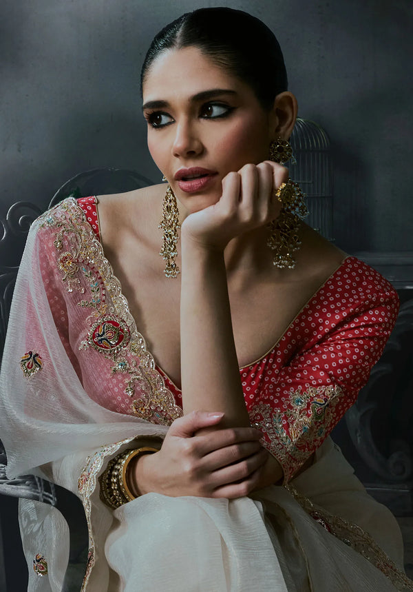 Off-White Tissue Silk Organza Designer Saree showcasing stunning back details and red blouse for luxury weddings | BharatPlaza