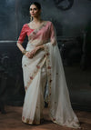Off-White Tissue Silk Organza Designer Saree styled elegantly for luxury reception events and HNI wedding parties | BharatPlaza