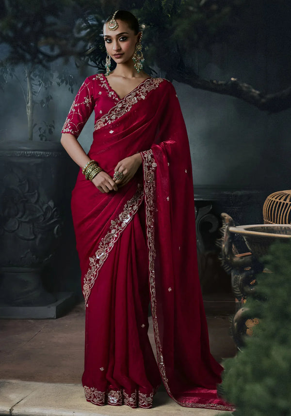 Maroon Tissue Silk Organza Designer Saree styled perfectly for luxury reception events and festive wear | BharatPlaza
