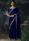Navy Blue Tissue Silk Organza Designer Saree displaying an intricate fancy border for grand festive parties | BharatPlaza