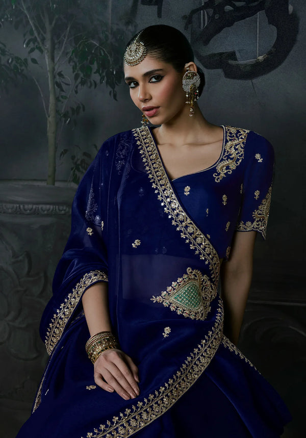 Navy Blue Tissue Silk Organza Designer Saree featuring beautiful front drape and stone work for wedding wear | BharatPlaza