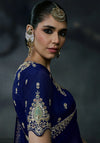 Navy Blue Tissue Silk Organza Designer Saree highlighting exquisite sleeve embroidery for luxury brides | BharatPlaza