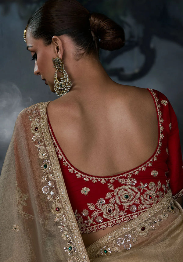 Golden Beige Tissue Silk Organza Saree showcasing stunning back red blouse embroidery for luxury weddings | BharatPlaza