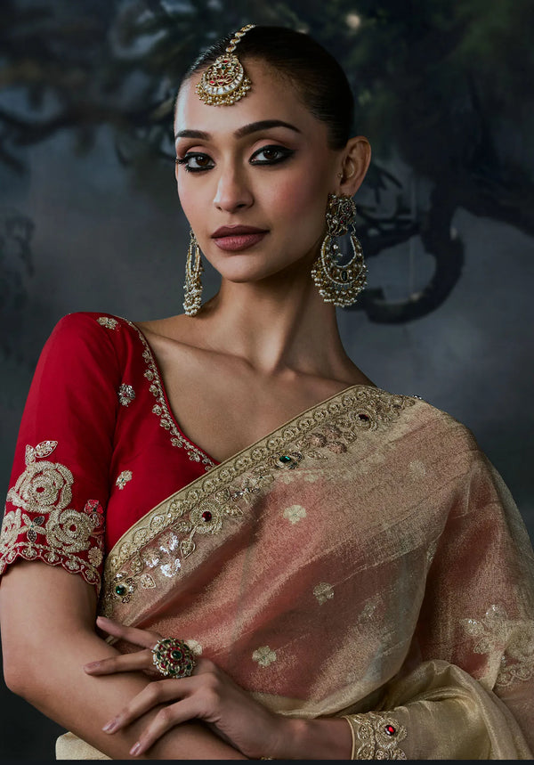 Golden Beige Tissue Silk Organza Designer Saree featuring a beautiful fancy border for luxury wedding wear | BharatPlaza