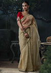 Golden Beige Tissue Silk Organza Saree showcasing stunning back red blouse embroidery for luxury weddings | BharatPlaza