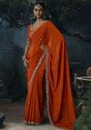 Rust Orange Tissue Silk Organza Designer Saree showcasing a stunning scallop border for luxury wedding wear | BharatPlaza