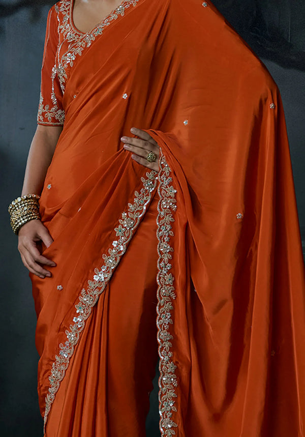 Rust Orange Tissue Silk Organza Designer Saree displaying elegant full drape and heavy border for bridal wear | BharatPlaza