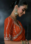 Rust Orange Tissue Silk Organza Designer Saree featuring exquisite side blouse embroidery for festive parties | BharatPlaza