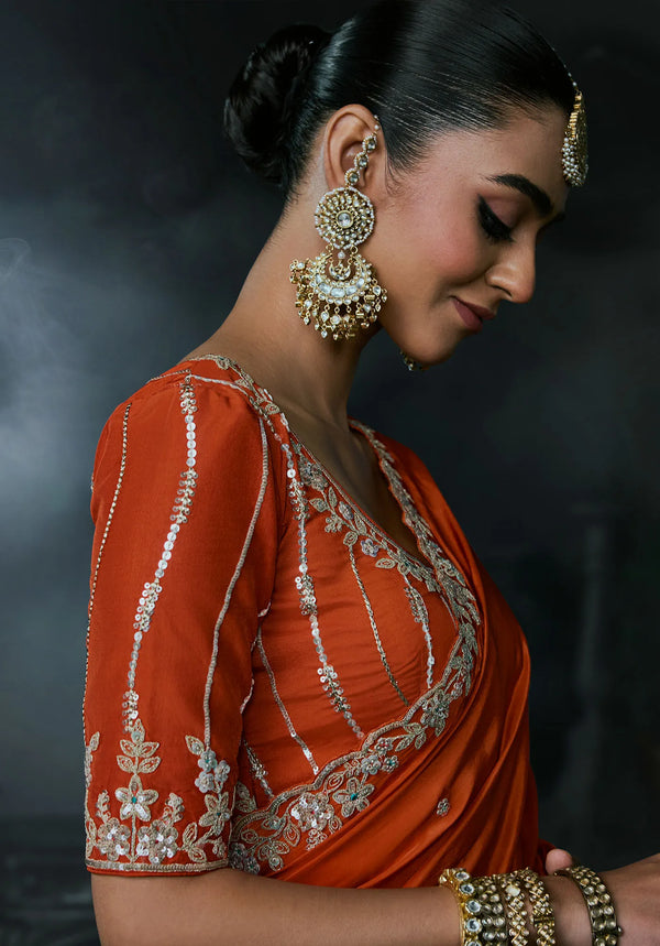 Rust Orange Tissue Silk Organza Designer Saree featuring exquisite side blouse embroidery for festive parties | BharatPlaza
