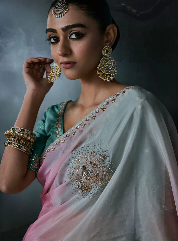 Pastel Ombre Tissue Silk Organza Designer Saree showcasing beautiful multi-shade drape for luxury weddings | BharatPlaza