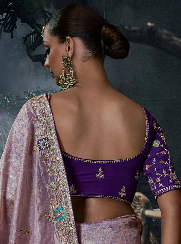 Lavender Tissue Silk Organza Designer Saree displaying stunning back sequence work for luxury weddings | BharatPlaza