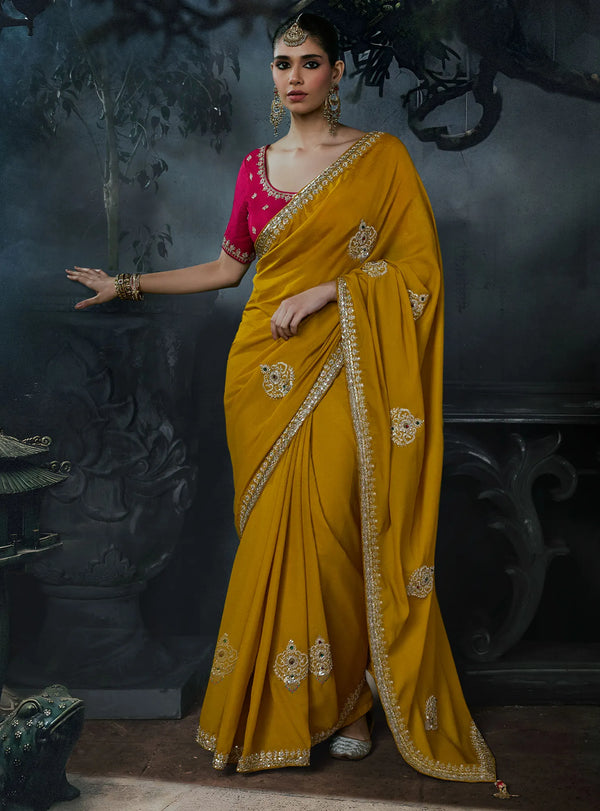 Mustard Tissue Silk Organza Designer Saree displaying an elegant full drape perfect for luxury festive wear | BharatPlaza