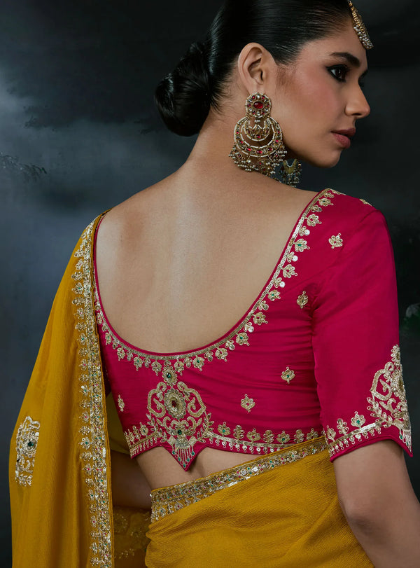 Mustard Tissue Silk Organza Designer Saree showcasing stunning back neck pink blouse embroidery for brides | BharatPlaza
