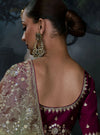 Mauve Olive Ombre Tissue Silk Designer Saree showcasing stunning back blouse embroidery for wedding wear | BharatPlaza