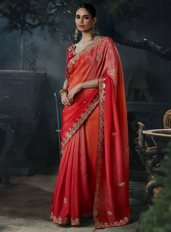 Coral Red Tissue Silk Organza Designer Saree highlighting exquisite front drape for HNI festive wear | BharatPlaza