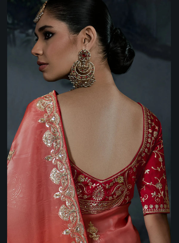 Coral Red Tissue Silk Organza Designer Saree showcasing stunning back red blouse embroidery for brides | BharatPlaza