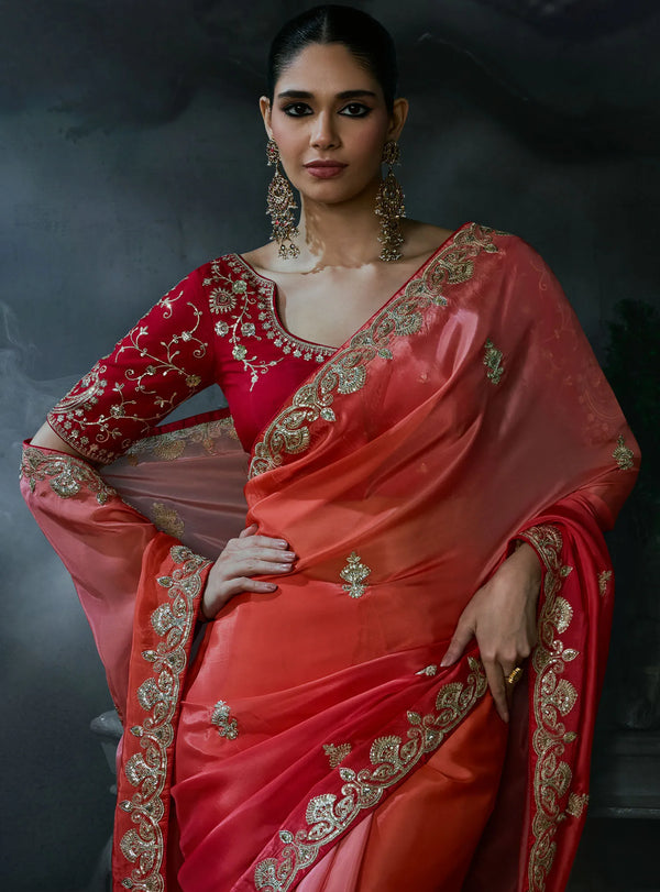 Coral Red Tissue Silk Organza Designer Saree featuring a heavy fancy border for luxury wedding wear | BharatPlaza