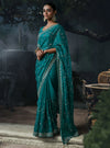 eal Green Tissue Silk Organza Designer Saree highlighting exquisite drape and intricate stone work details | BharatPlaza