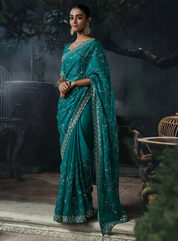 eal Green Tissue Silk Organza Designer Saree highlighting exquisite drape and intricate stone work details | BharatPlaza