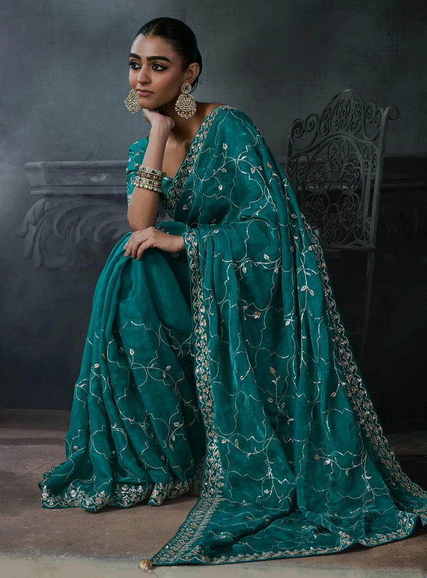 Teal Green Tissue Silk Organza Designer Saree featuring elegant all-over embroidery for luxury weddings | BharatPlaza