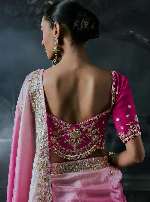 Pink Ombre Tissue Silk Organza Designer Saree showcasing stunning back pink blouse embroidery for brides | BharatPlaza