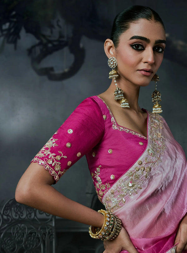 Pink Ombre Tissue Silk Organza Designer Saree displaying an elegant full drape perfect for luxury weddings | BharatPlaza