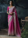 Pink Ombre Tissue Silk Organza Designer Saree highlighting exquisite sleeve embroidery for HNI festive wear | BharatPlaza