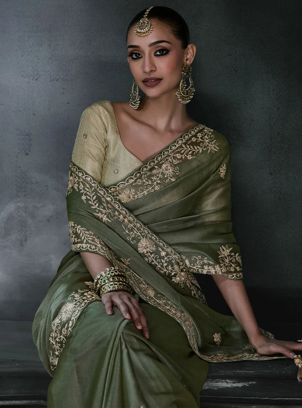 Mehendi Green Tissue Silk Organza Designer Saree displaying intricate sequence borders for grand parties | BharatPlaza