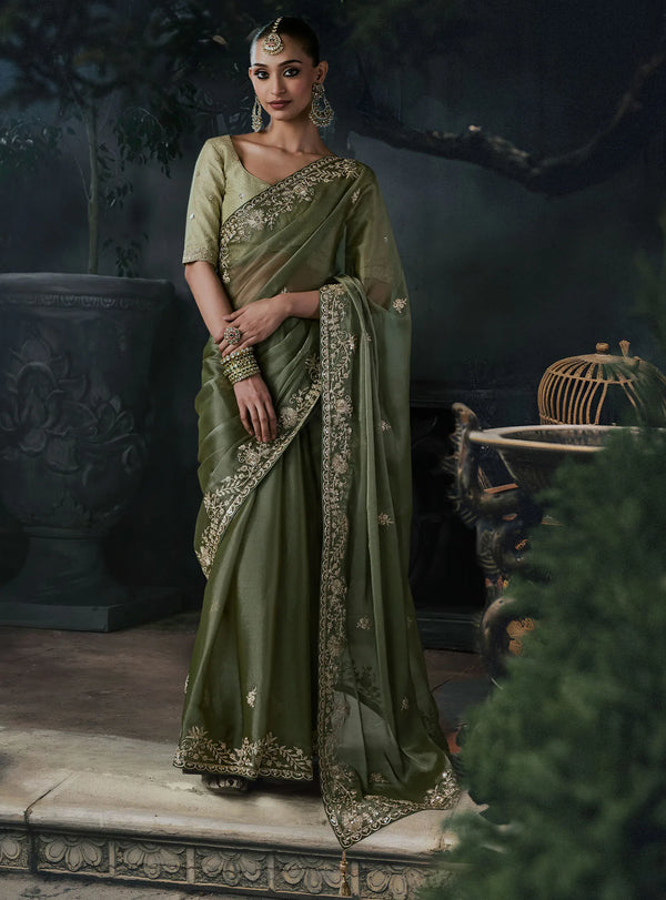 Mehendi Green Tissue Silk Organza Designer Saree featuring a beautiful full drape for luxury wedding wear | BharatPlaza