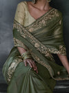 Mehendi Green Tissue Silk Organza Designer Saree showcasing stunning golden blouse for HNI festive events | BharatPlaza