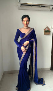Elegant blue designer saree with gold border lightweight party wear saree | BharatPlaza