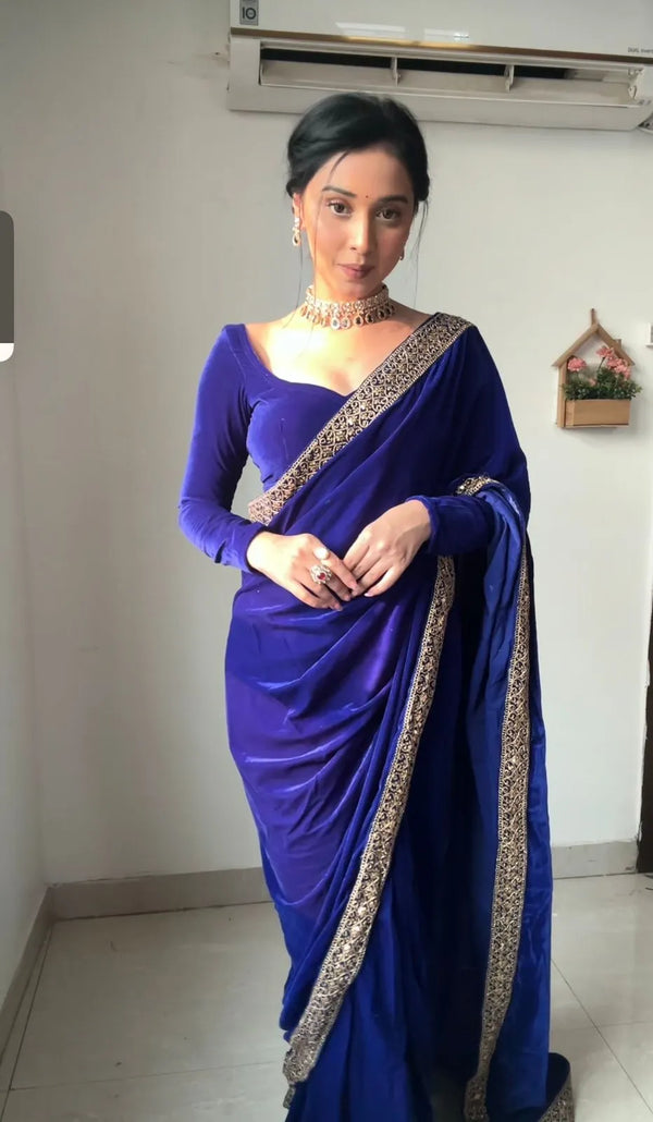 BharatPlaza has a royal blue ready-made saree with a modern drape made of georgette silk that is perfect for a party