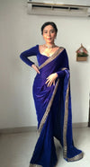 Blue saree with a golden border that is stylish and ready to wear for a wedding or party | BharatPlaza