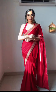 Red georgette silk ready to wear saree with golden border festive wear | BharatPlaza