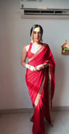Elegant red designer saree with gold border lightweight wedding saree look | BharatPlaza