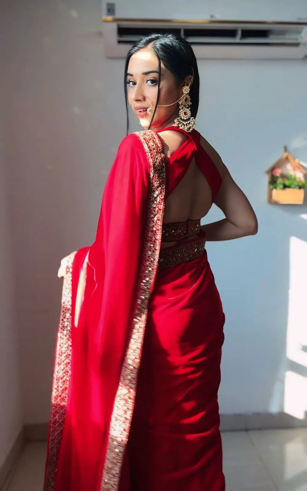 Stylish red saree with golden border party wear ready to wear saree | BharatPlaza