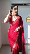 Traditional red saree elegant gold border wedding festive look for women | BharatPlaza