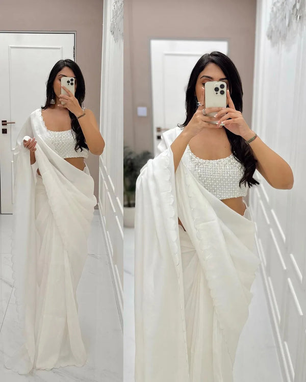 Elegant White Silk Ready-To-Wear Saree by Designer | Code SRSC 307