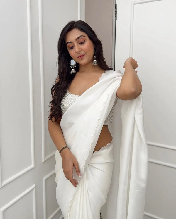 Elegant White Silk Ready-To-Wear Saree by Designer | Code SRSC 307