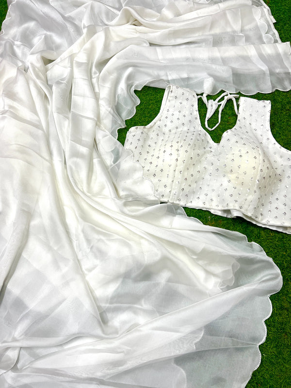 Elegant White Silk Ready-To-Wear Saree by Designer | Code SRSC 307