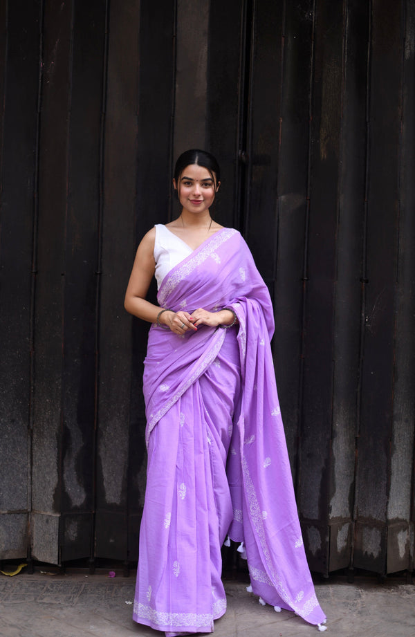 Lavender cotton saree pre stitched drape modern saree for women lightweight summer wear BharatPlaza