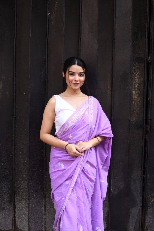 Lavender mul cotton saree with border print soft breathable saree for daily styling BharatPlaza