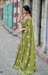 Olive Green Mulmul Cotton Ready Saree with Printed Wear