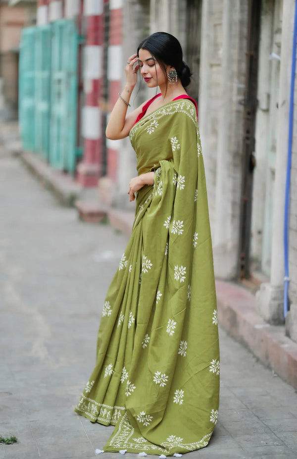 Olive Green Mulmul Cotton Ready Saree with Printed Wear