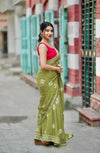 Olive Green Mulmul Cotton Ready Saree with Printed Wear
