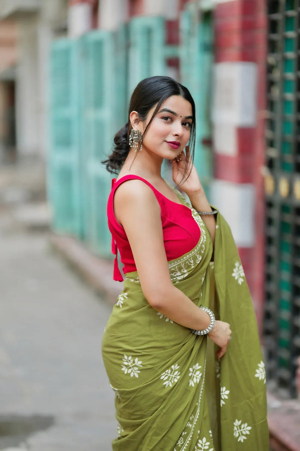Olive Green Mulmul Cotton Ready Saree with Printed Wear