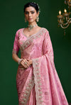 Pink Premium Tissue Designer Saree highlighting an exquisite stitched readymade blouse for wedding wear | BharatPlaza
