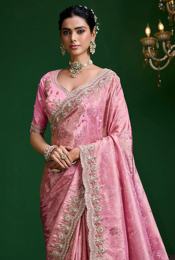 Pink Premium Tissue Designer Saree highlighting an exquisite stitched readymade blouse for wedding wear | BharatPlaza