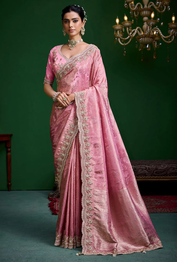 Pink Premium Tissue Designer Saree featuring delicate beadwork border for wedding & festive wear | BharatPlaza